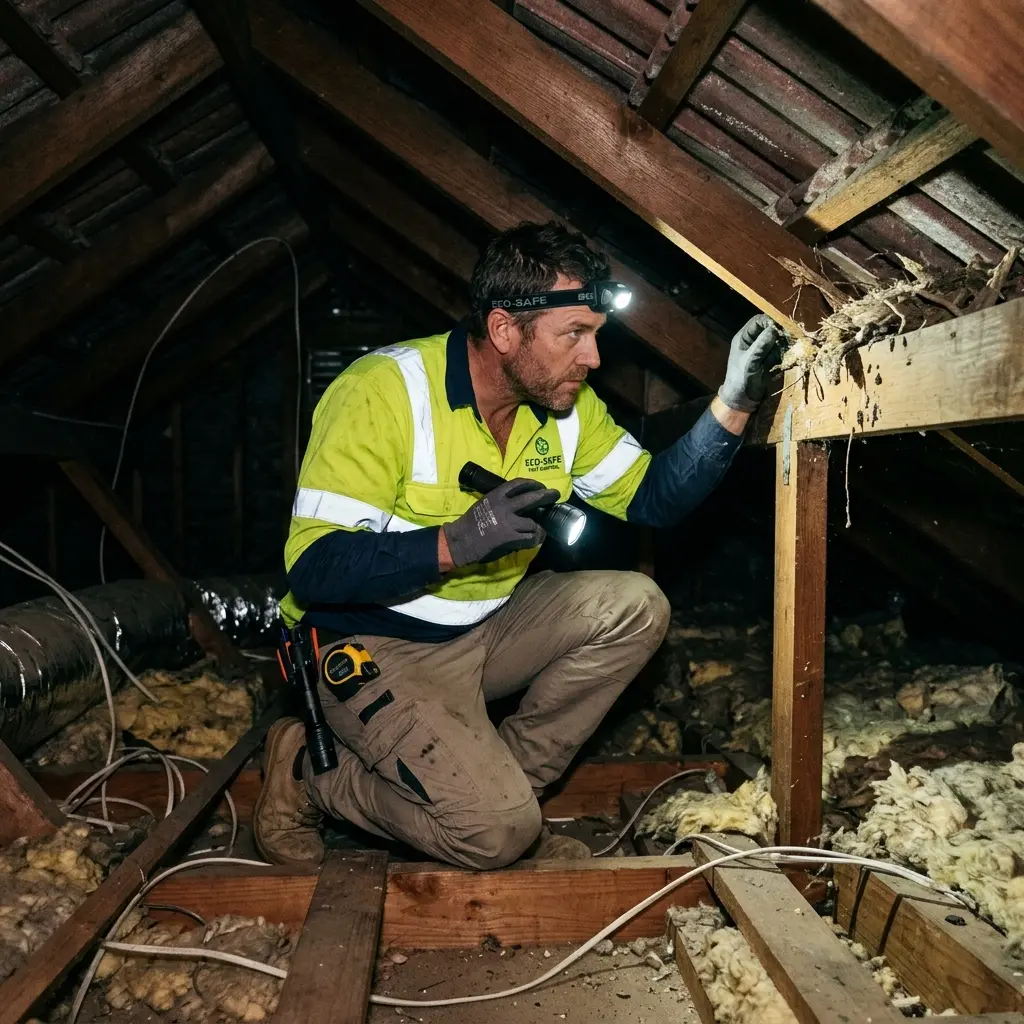 Technician inspecting a roof cavity for a dead animal in Newington
