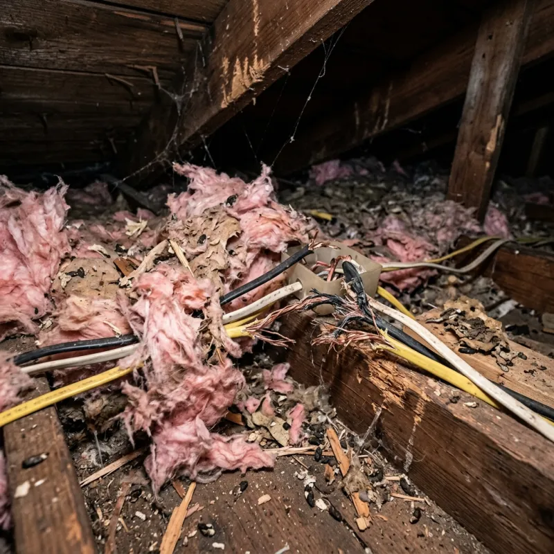 Contaminated ceiling insulation being assessed in a Newington roof space