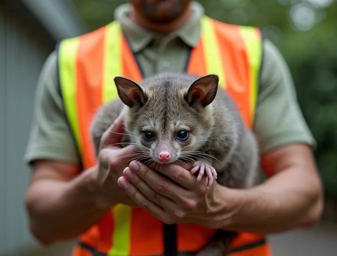 Animal handler safely recovering a deceased possum in Newington