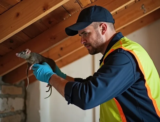 Technician inspecting a roof cavity for a dead rat in Newington